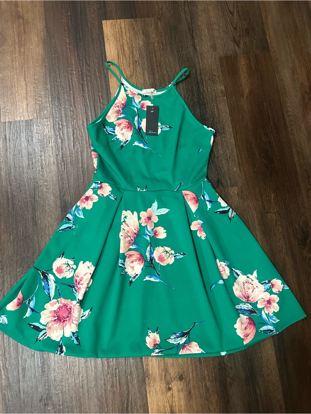 Green Floral Fit-and-Flare Women’s Dress
